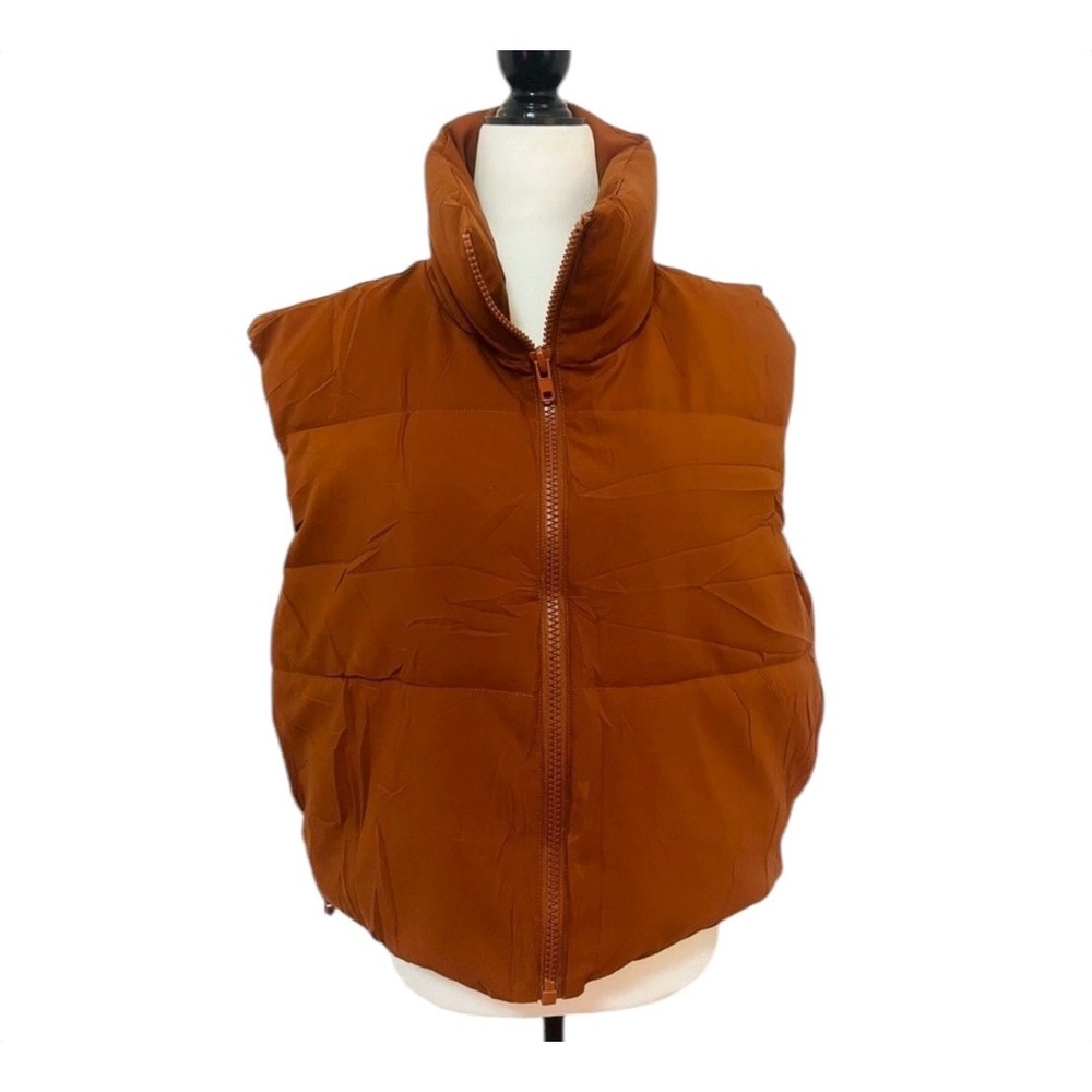 Puffer Shorty Vest Women's XL Brown Stand Collar Sleeveless Zip Up Outerwear - Picture 5 of 8